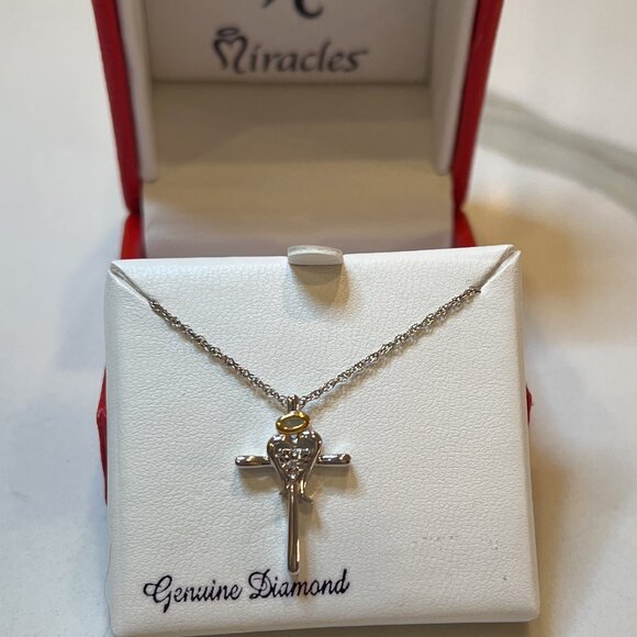 NIB Miracles Sterling Silver Cross with Heart & Halo Pendant on 18" Silver Chain - Picture 2 of 11
